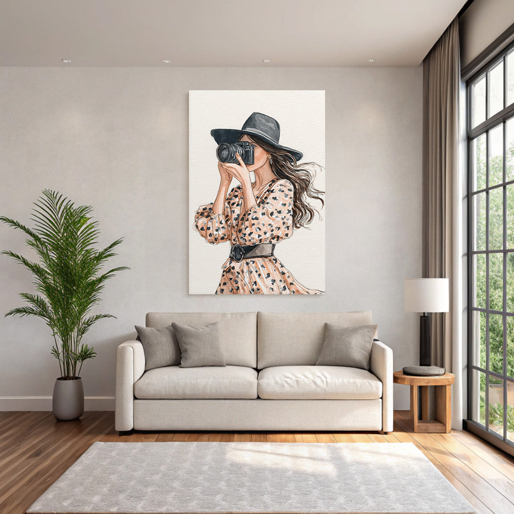 Woman with camera in spotted dress with wide hat watercolor style