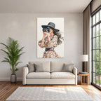 Woman with camera in spotted dress with wide hat watercolor style
