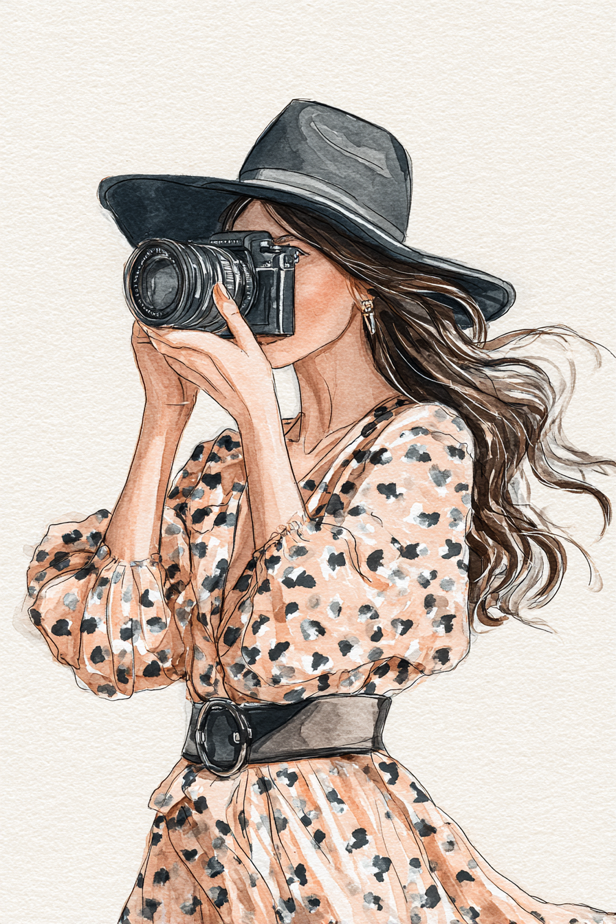 Frau Mit Kamera Im Gefleckten Kleid Mit Breitem Hut Waßerfarbenstil | Illustration und Zeichnung | Kunstgattungen