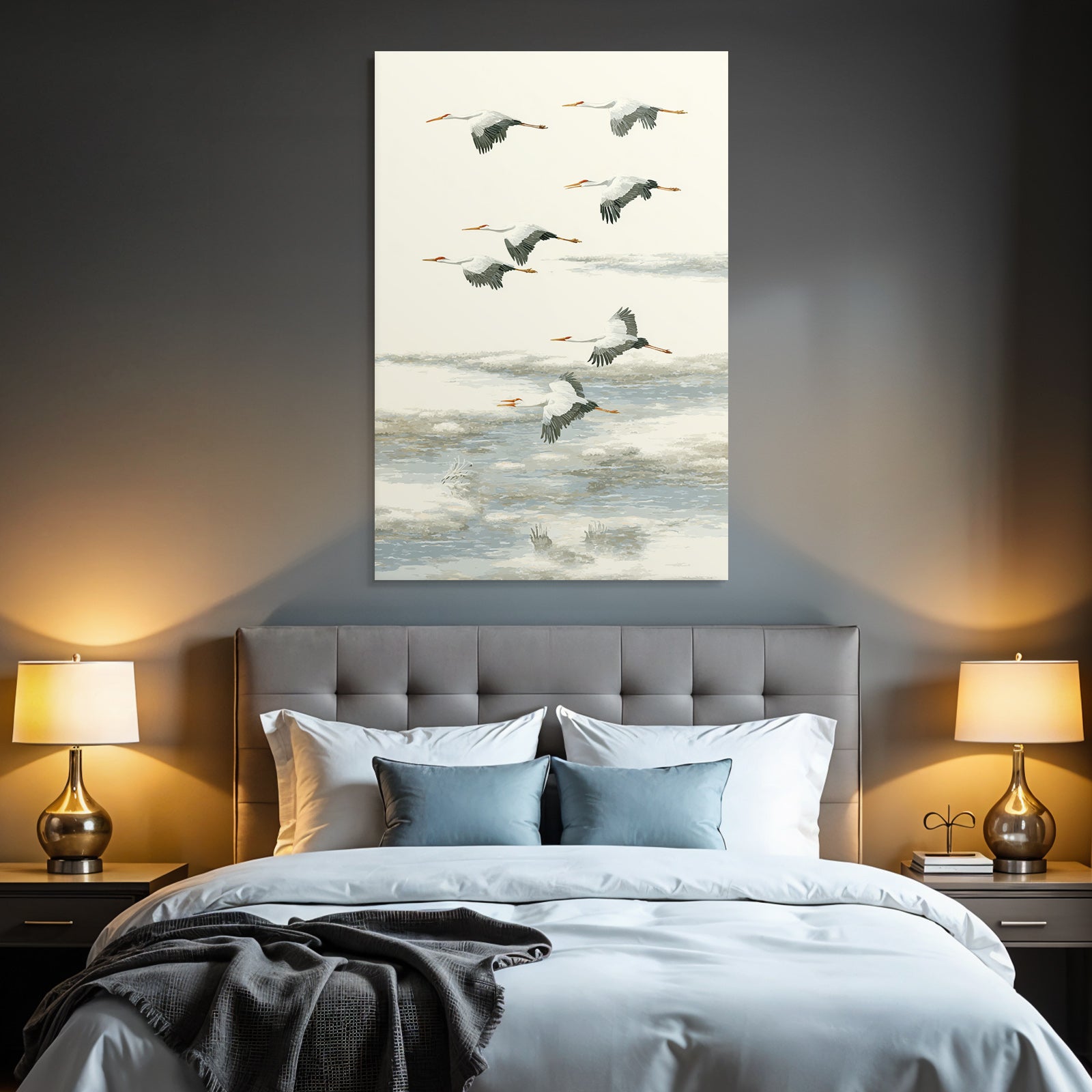 Gruppe Von Kranichen Im Flug Auf Hintergrund