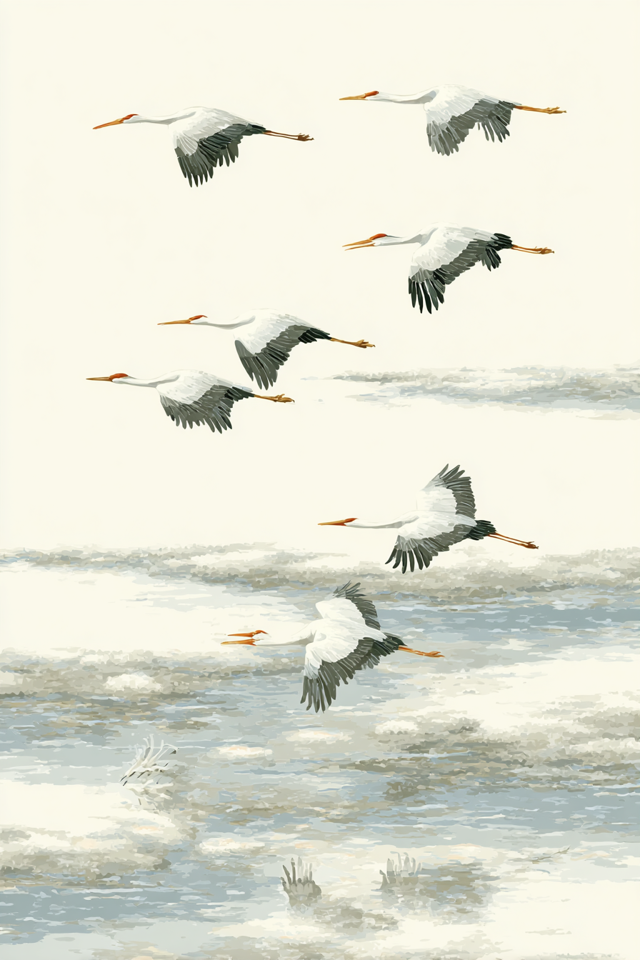 Gruppe Von Kranichen Im Flug Auf Hintergrund | Illustration und Zeichnung | Kunstgattungen