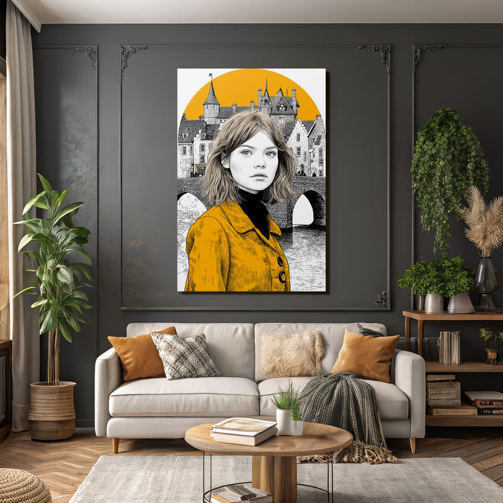 Junges Mädchen Mit Gelber Jacke In Stadtlandschaft Mit Brücke