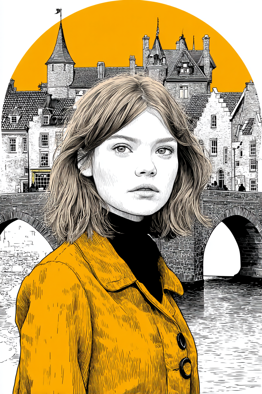 Junges Mädchen Mit Gelber Jacke In Stadtlandschaft Mit Brücke | Illustration und Zeichnung | Kunstgattungen