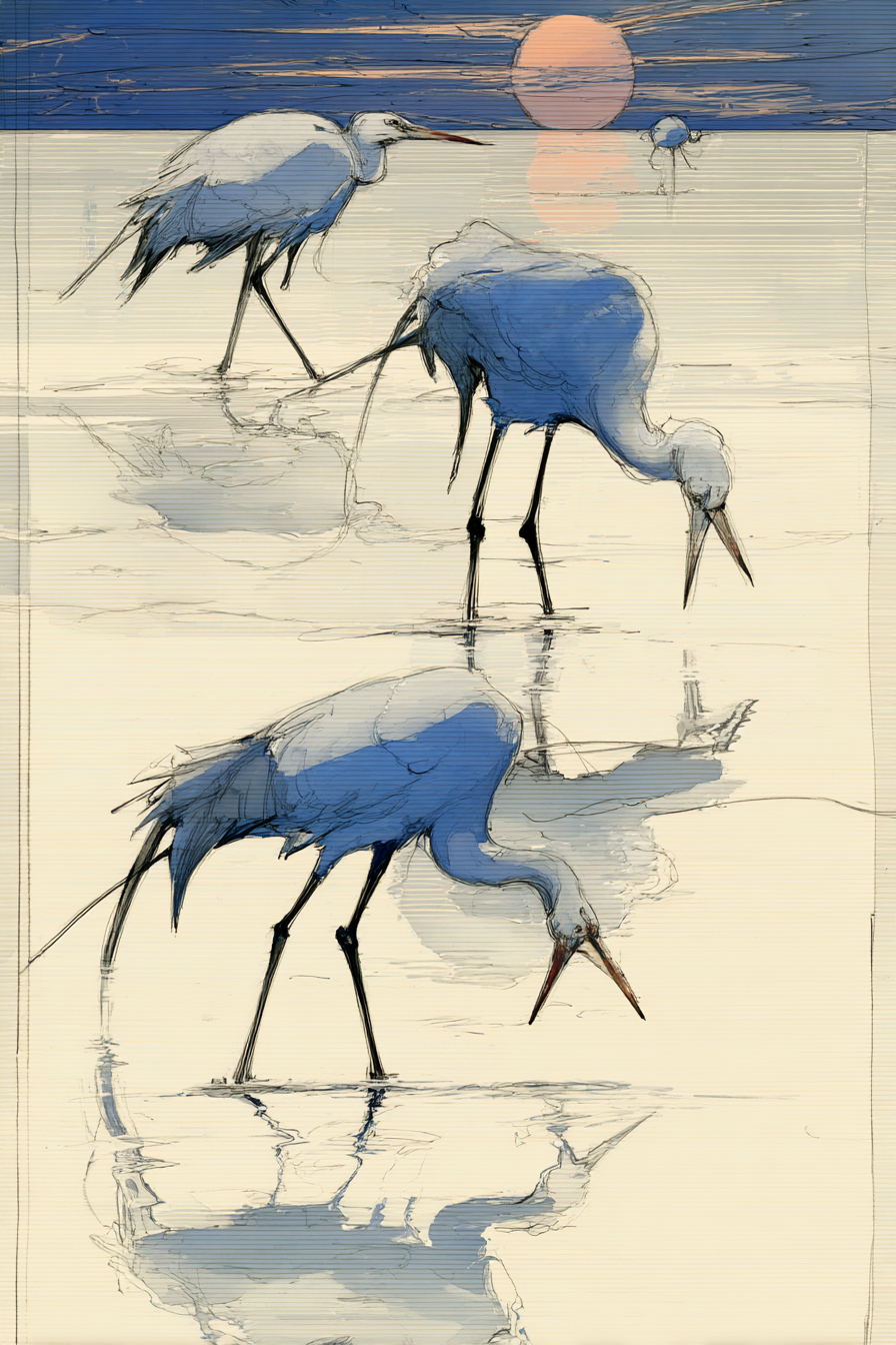 Kranewadende Im Flachen Waßer Bei Sonnenuntergang | Illustration und Zeichnung | Kunstgattungen