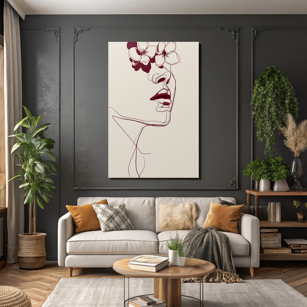 Minimalistische Linienzeichnung Eines Gesichtes Mit Blumen Burgunderrot