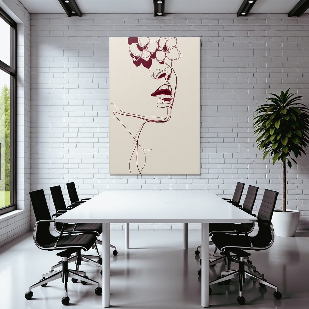 Minimalistische Linienzeichnung Eines Gesichtes Mit Blumen Burgunderrot