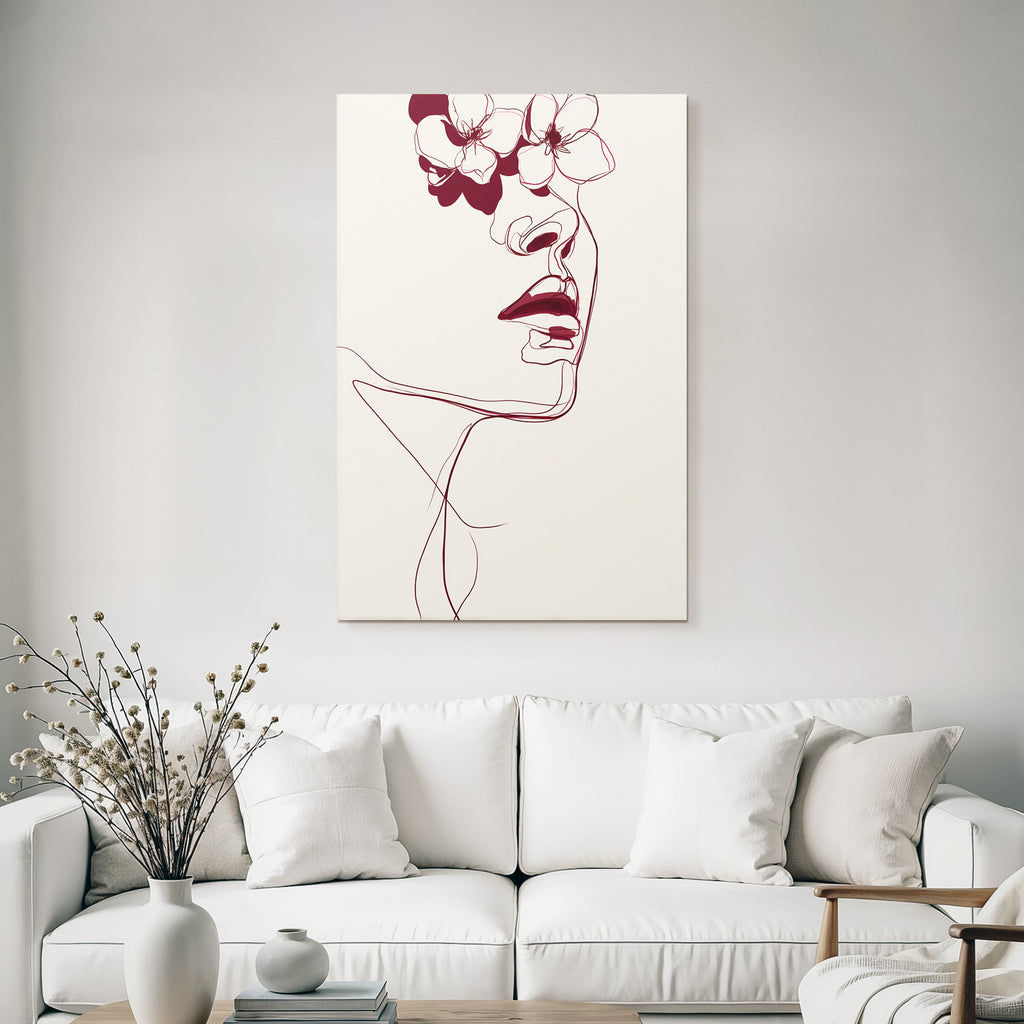 Minimalistische Linienzeichnung Eines Gesichtes Mit Blumen Burgunderrot