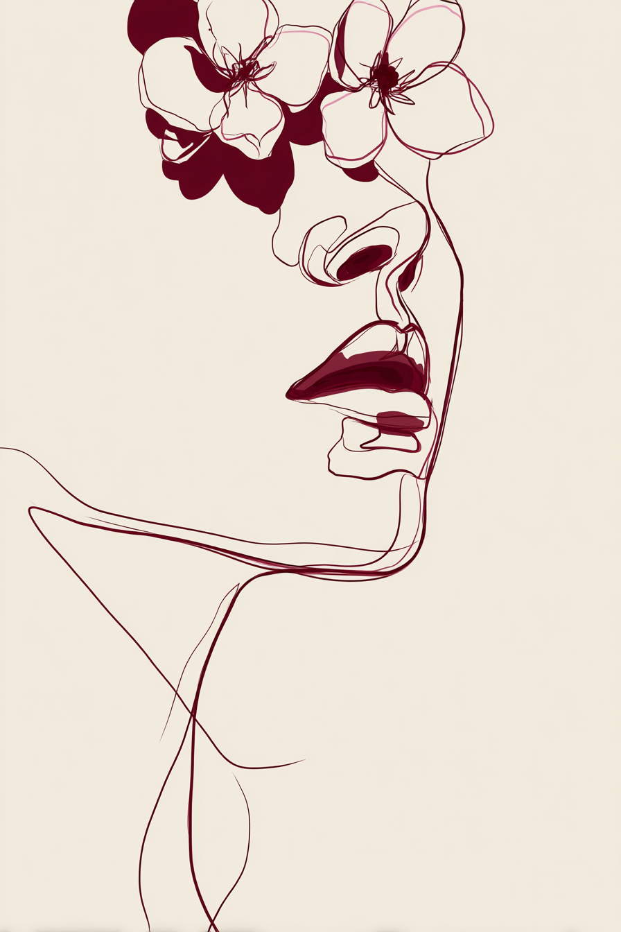 Minimalistische Linienzeichnung Eines Gesichtes Mit Blumen Burgunderrot | Illustration und Zeichnung | Kunstgattungen