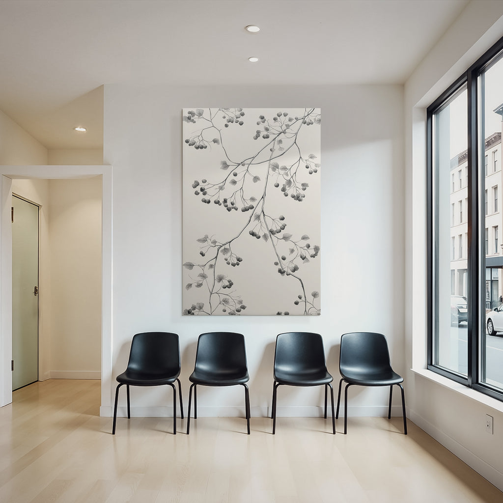 Monochromatic art illustration of branches with leaves and berries