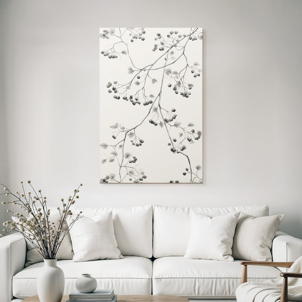 Monochromatic art illustration of branches with leaves and berries
