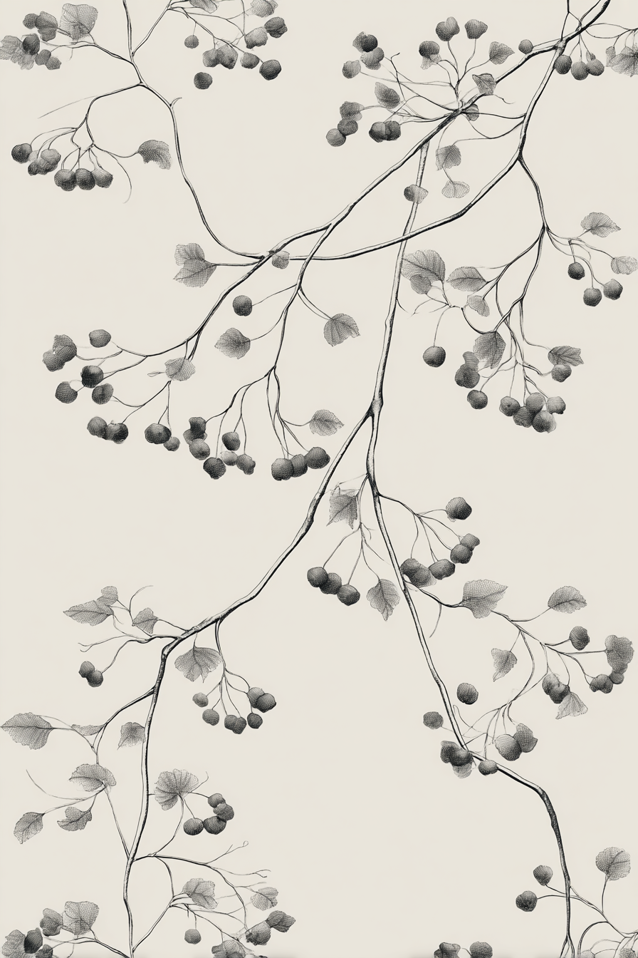 Monochromatische Kunstillustration Von Zweigen Mit Blättern Und Beeren | Illustration und Zeichnung | Kunstgattungen