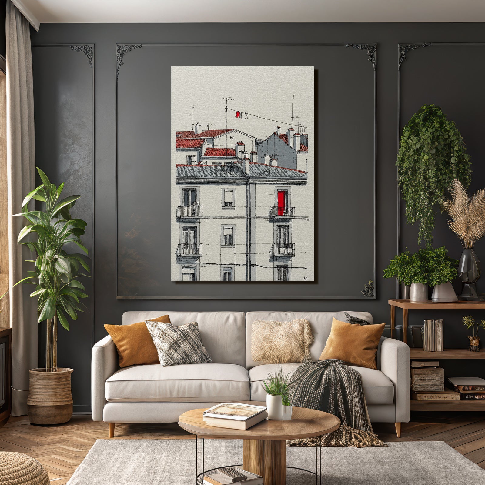 Stilisierte Stadt Szene Rotblaü Valü Illustration