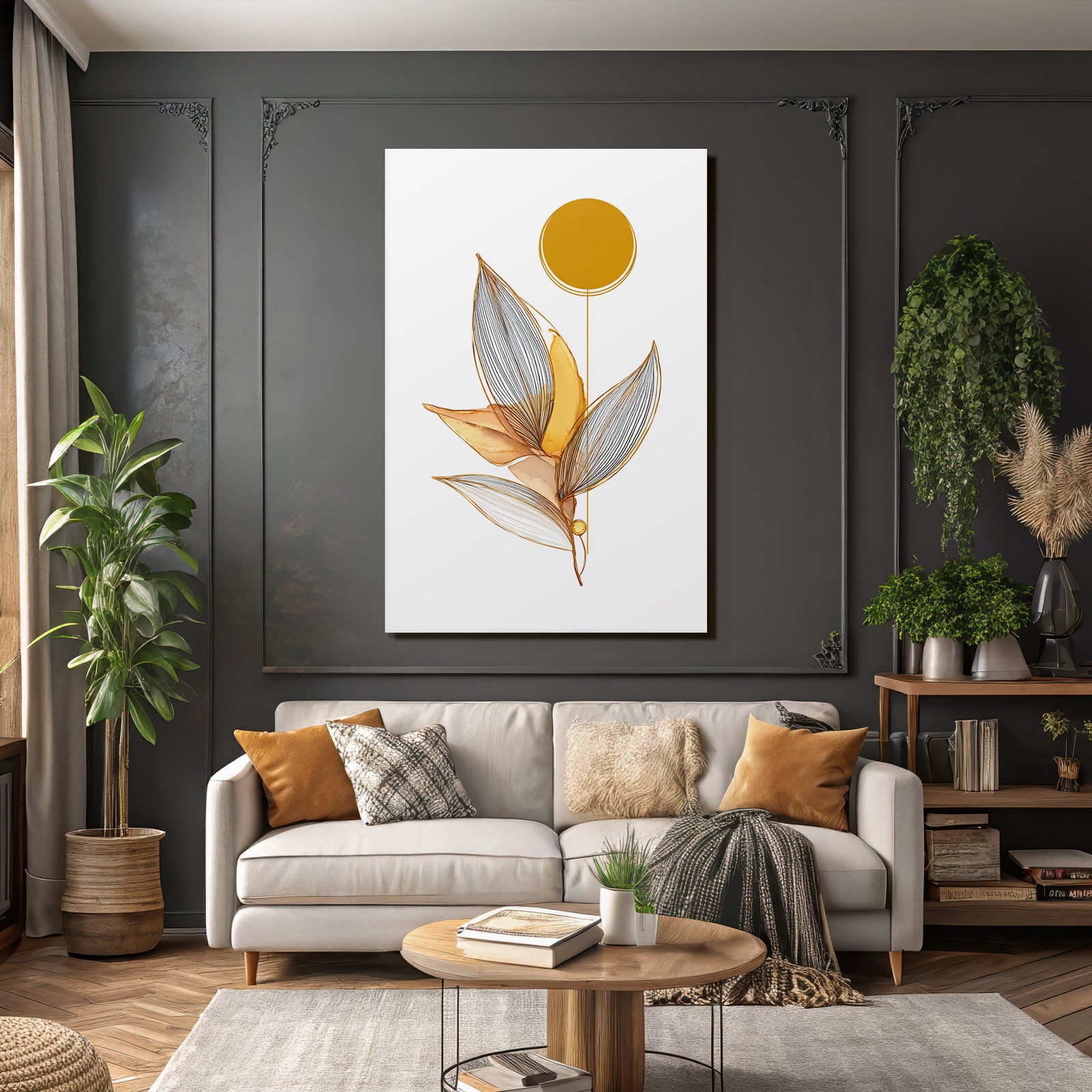 Stilisiertes Blatt Design Gold Beige Kreisform Botanisches Motiv
