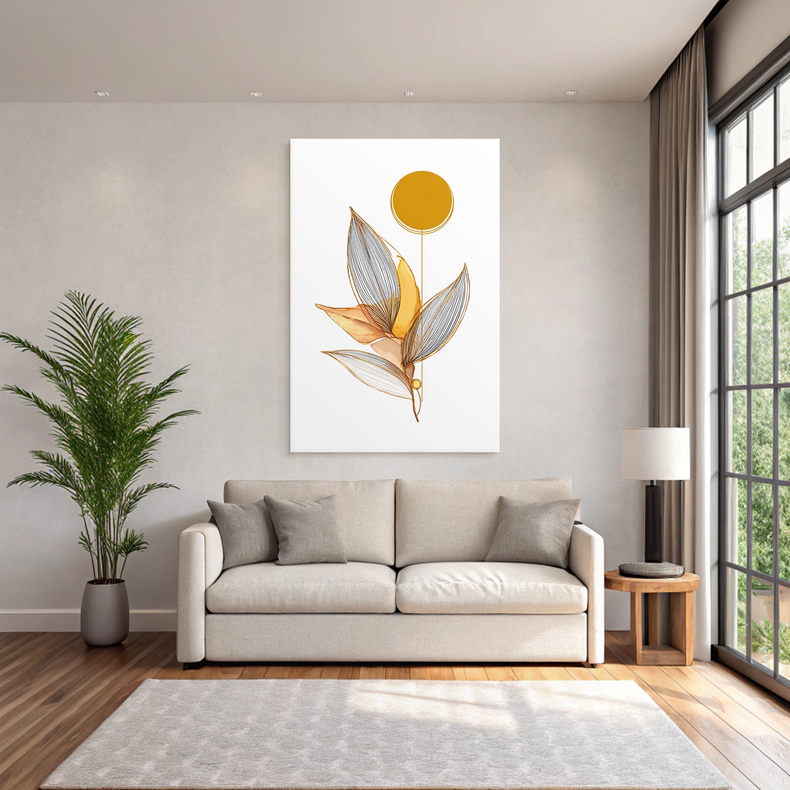Stilisiertes Blatt Design Gold Beige Kreisform Botanisches Motiv