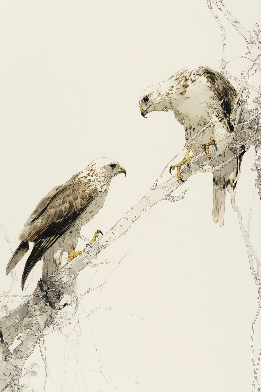 Two Vögel Von Beute Auf Zweigen | Illustration und Zeichnung | Kunstgattungen