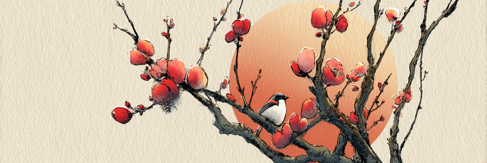 Blütenzweig Mit Vogel In Traditioneller Tuschmalerei | Illustration und Zeichnung | Kunstgattungen