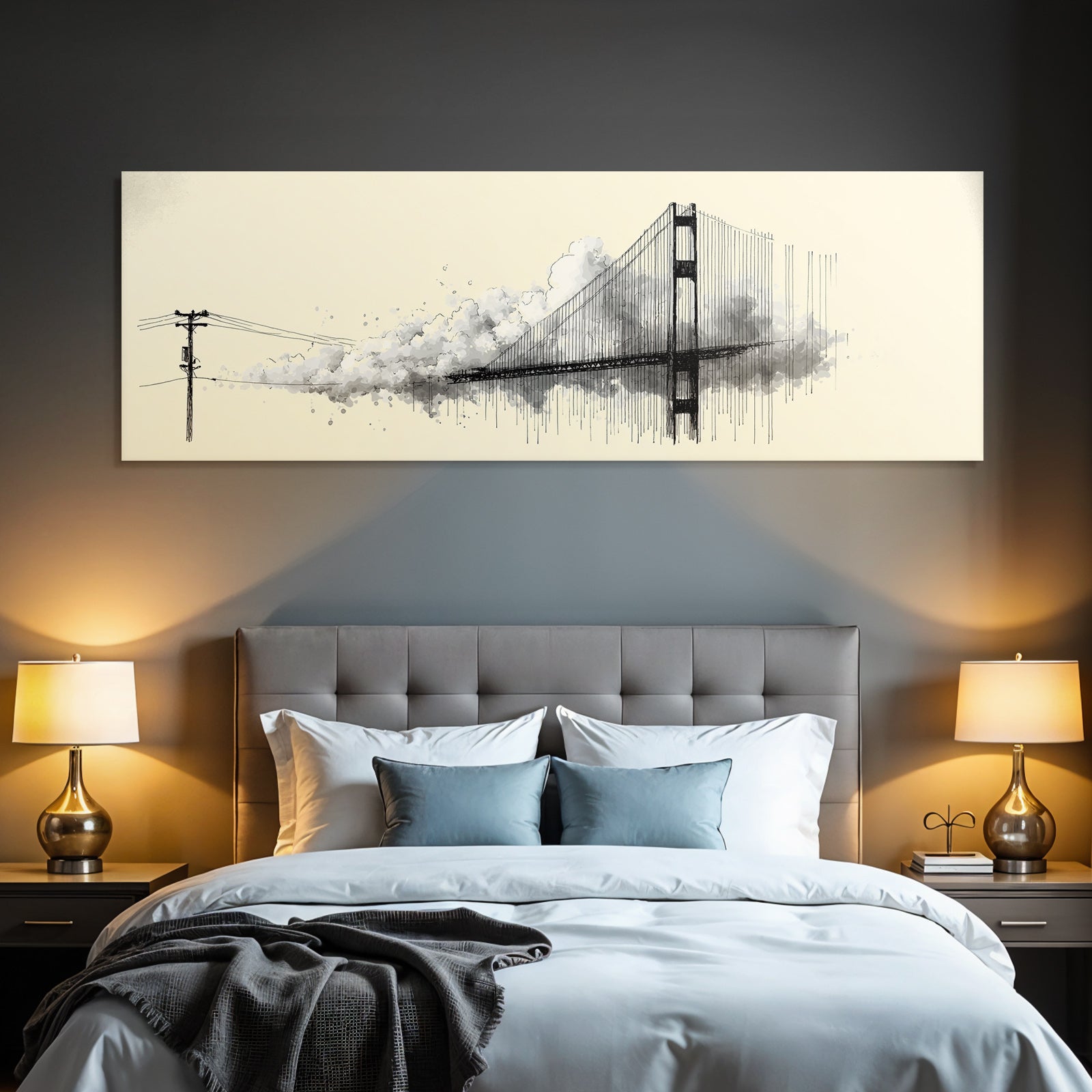 Brücke Künstlerische Illustration Wolken Und Stromleitungen Watercolor