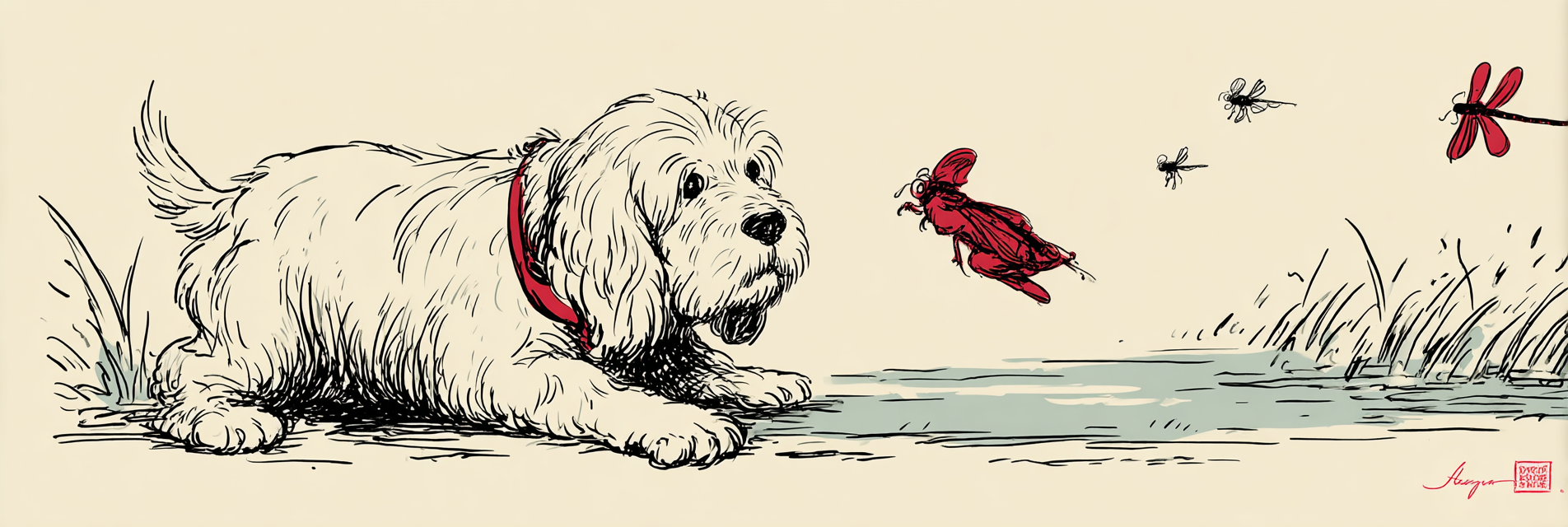 Fluffiger Weißer Hund Mit Fee Im Roten Anzug Und Dragonsfliegen | Illustration und Zeichnung | Kunstgattungen