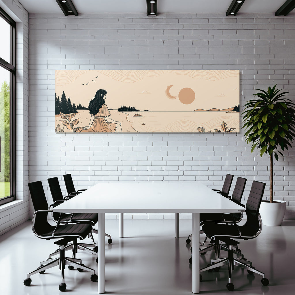 Frau Am Strand Schaut Auf Ruhige Landschaft Mit Himmel Und Waßer