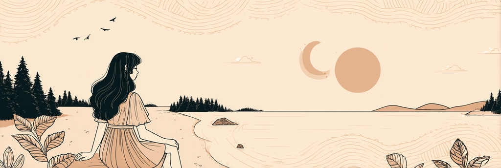 Frau Am Strand Schaut Auf Ruhige Landschaft Mit Himmel Und Waßer | Illustration und Zeichnung | Kunstgattungen