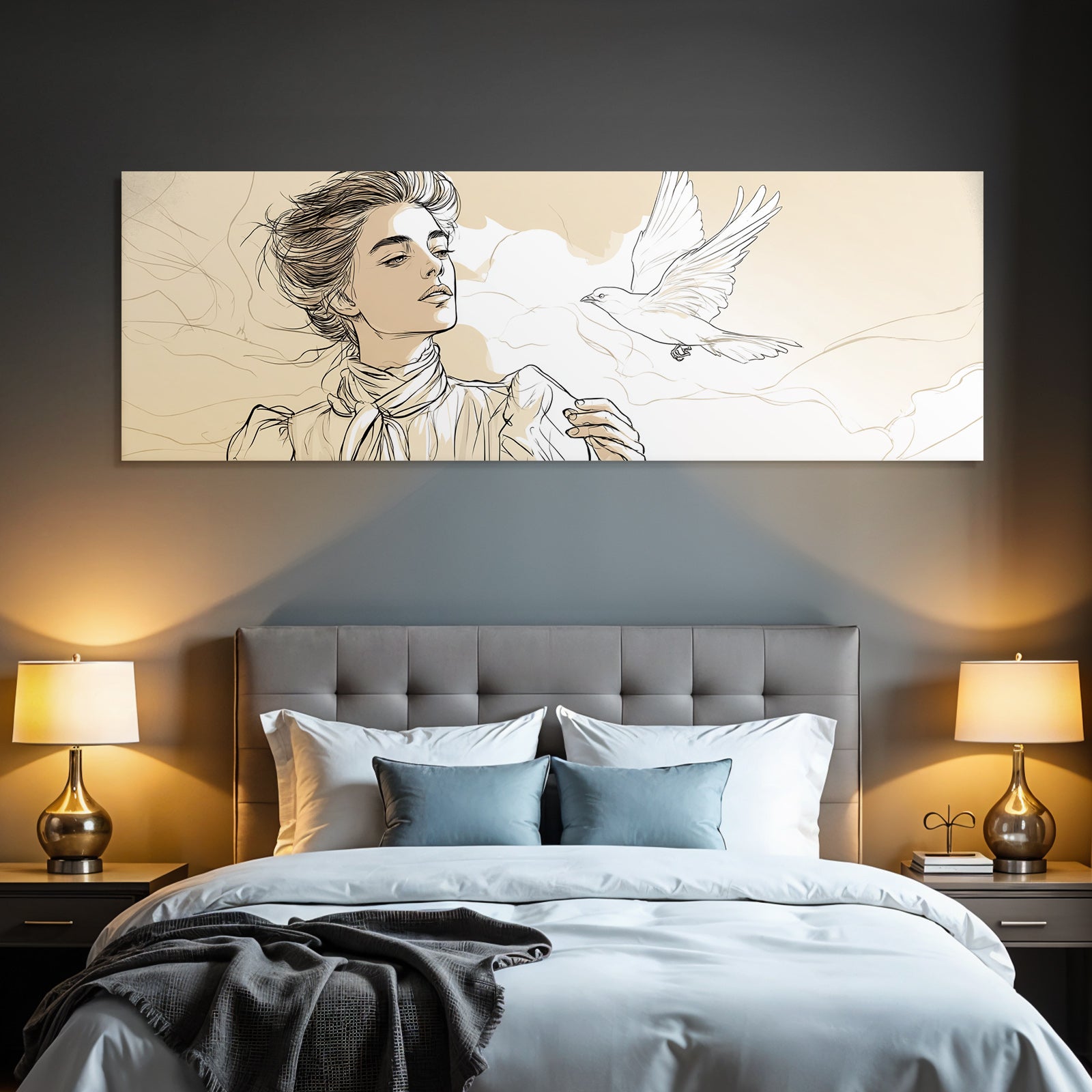 Frau Mit Vogel Im Flug Kunstvolle Illustration