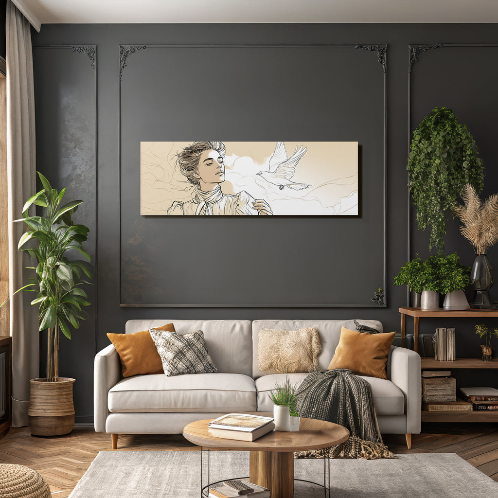 Frau Mit Vogel Im Flug Kunstvolle Illustration