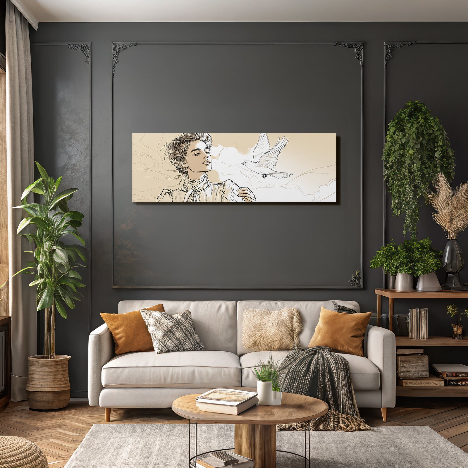 Frau Mit Vogel Im Flug Kunstvolle Illustration