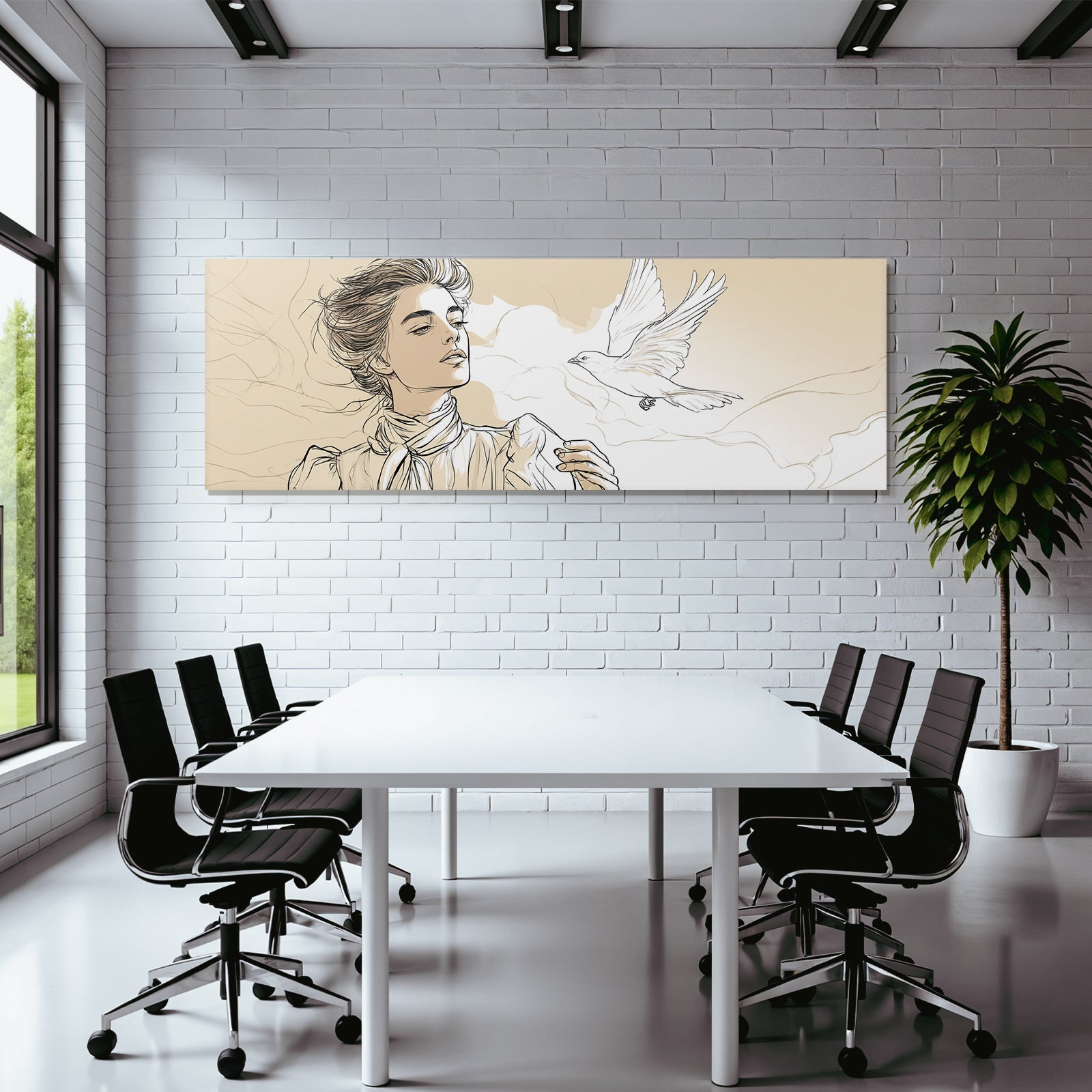 Frau Mit Vogel Im Flug Kunstvolle Illustration