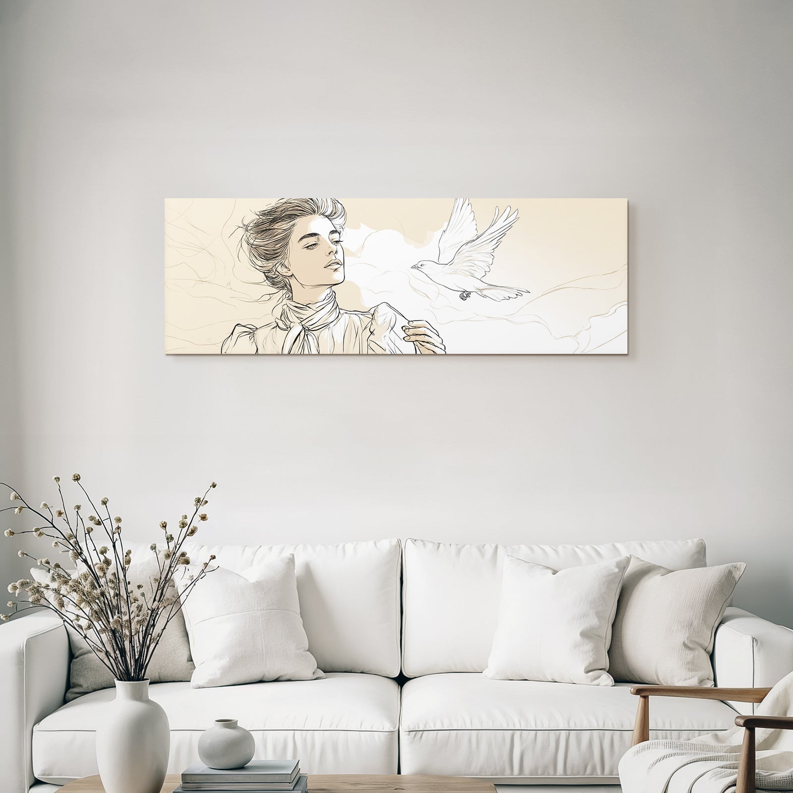 Frau Mit Vogel Im Flug Kunstvolle Illustration