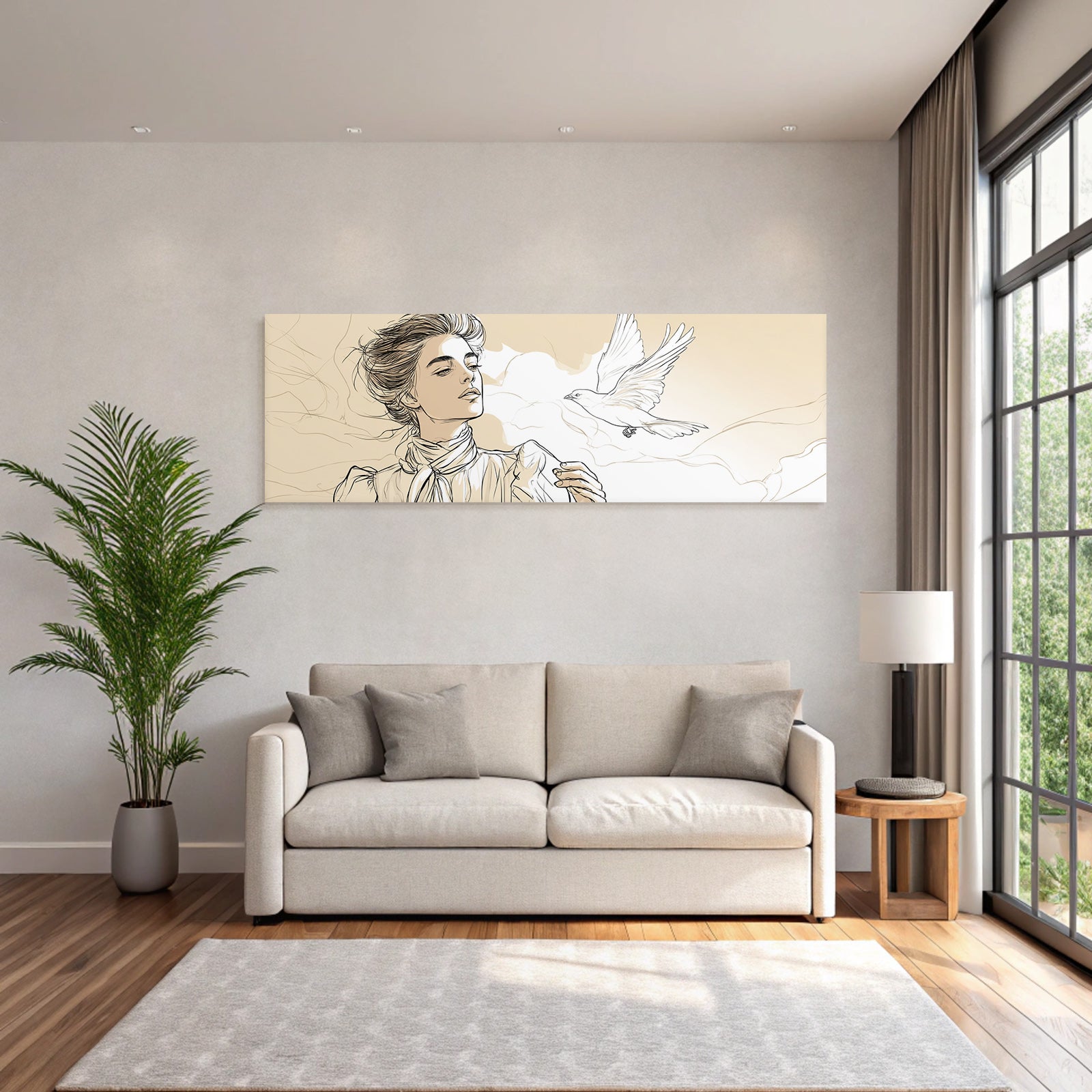 Frau Mit Vogel Im Flug Kunstvolle Illustration
