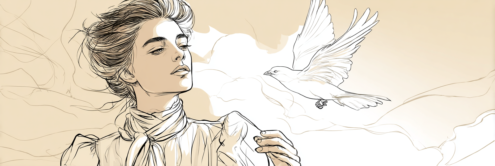 Frau Mit Vogel Im Flug Kunstvolle Illustration | Illustration und Zeichnung | Kunstgattungen