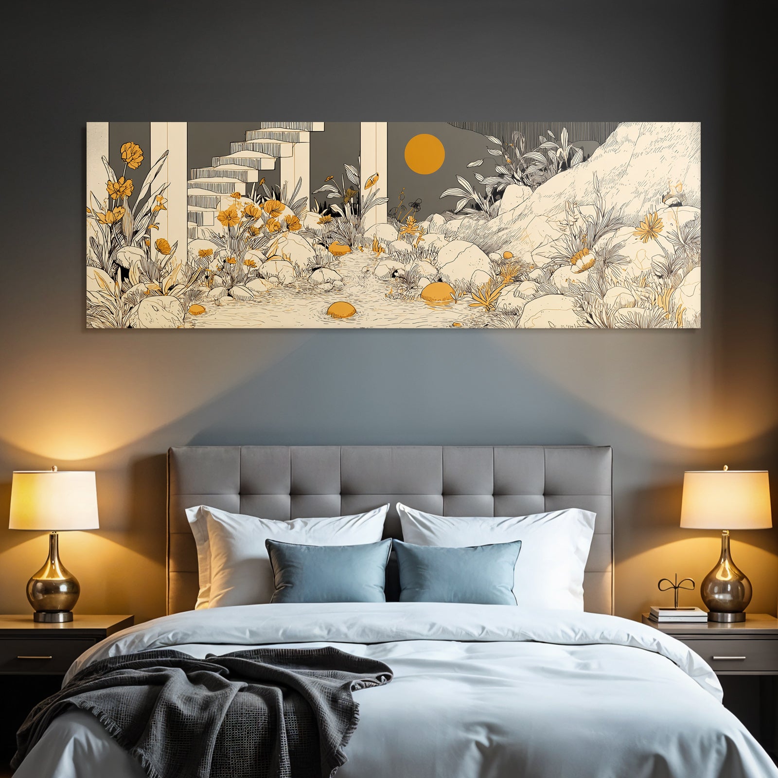 Friedliche Natur Illustration Mit Blumen Und Steinen