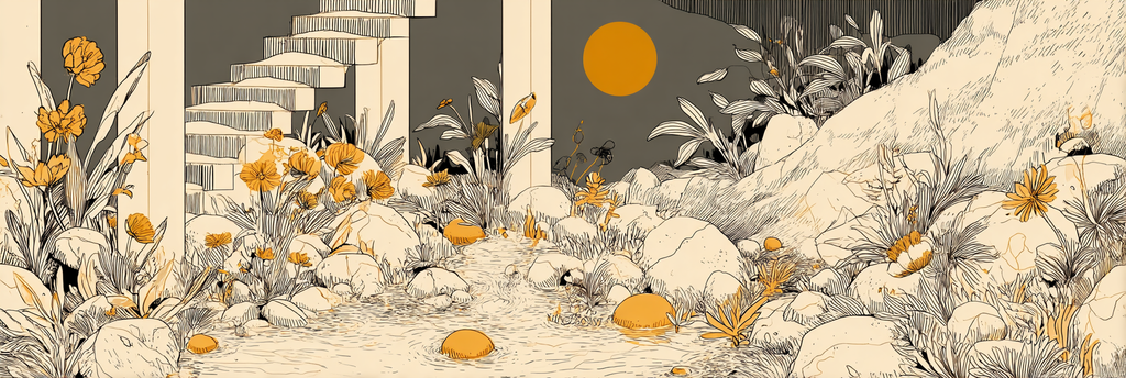 Friedliche Natur Illustration Mit Blumen Und Steinen | Illustration und Zeichnung | Kunstgattungen