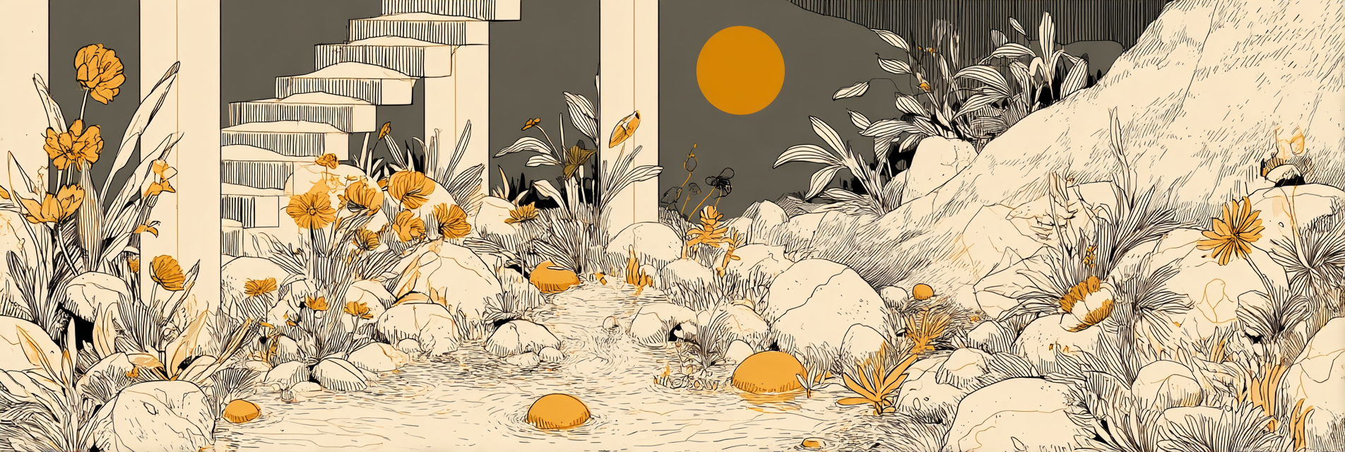 Friedliche Natur Illustration Mit Blumen Und Steinen | Illustration und Zeichnung | Kunstgattungen