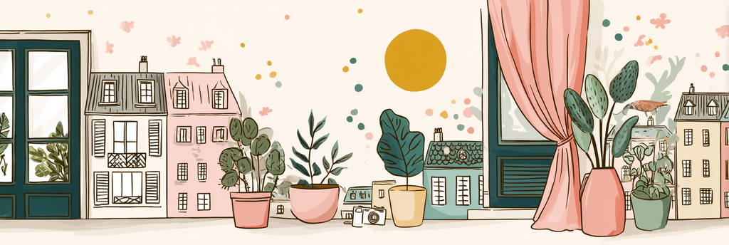Gemütliche Häuser Mit Blumentöpfen Und Sonne | Illustration und Zeichnung | Kunstgattungen