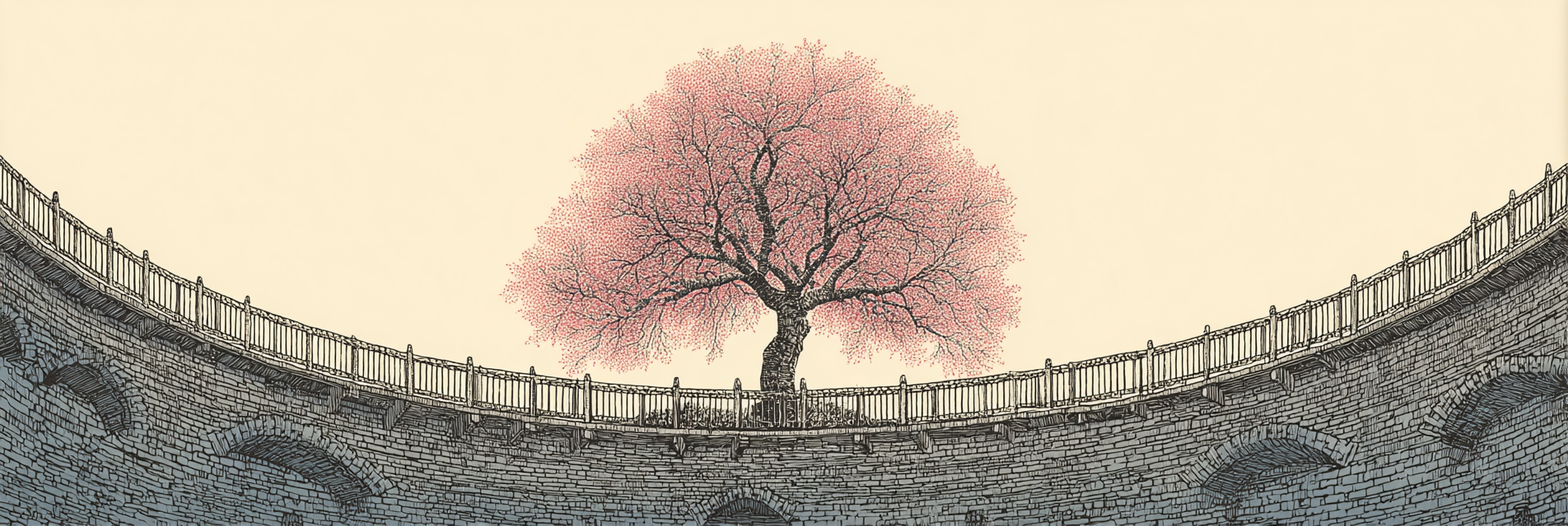 Großer Rosa Baum Im Kreisförmigen Steinstruktur | Illustration und Zeichnung | Kunstgattungen