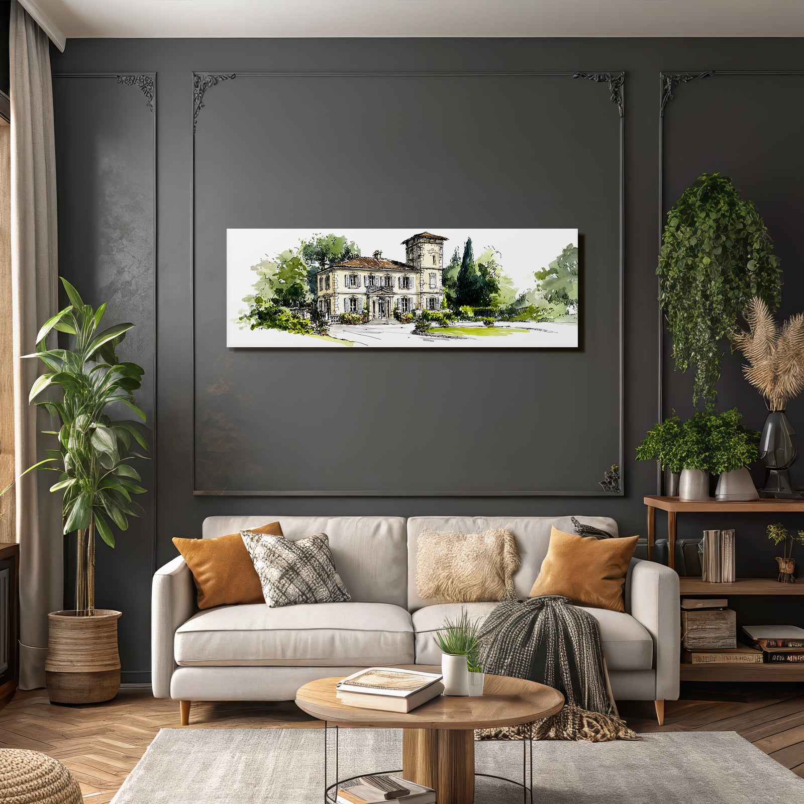 Haus Villa Waßerfarbe Skizze Illustration Garten