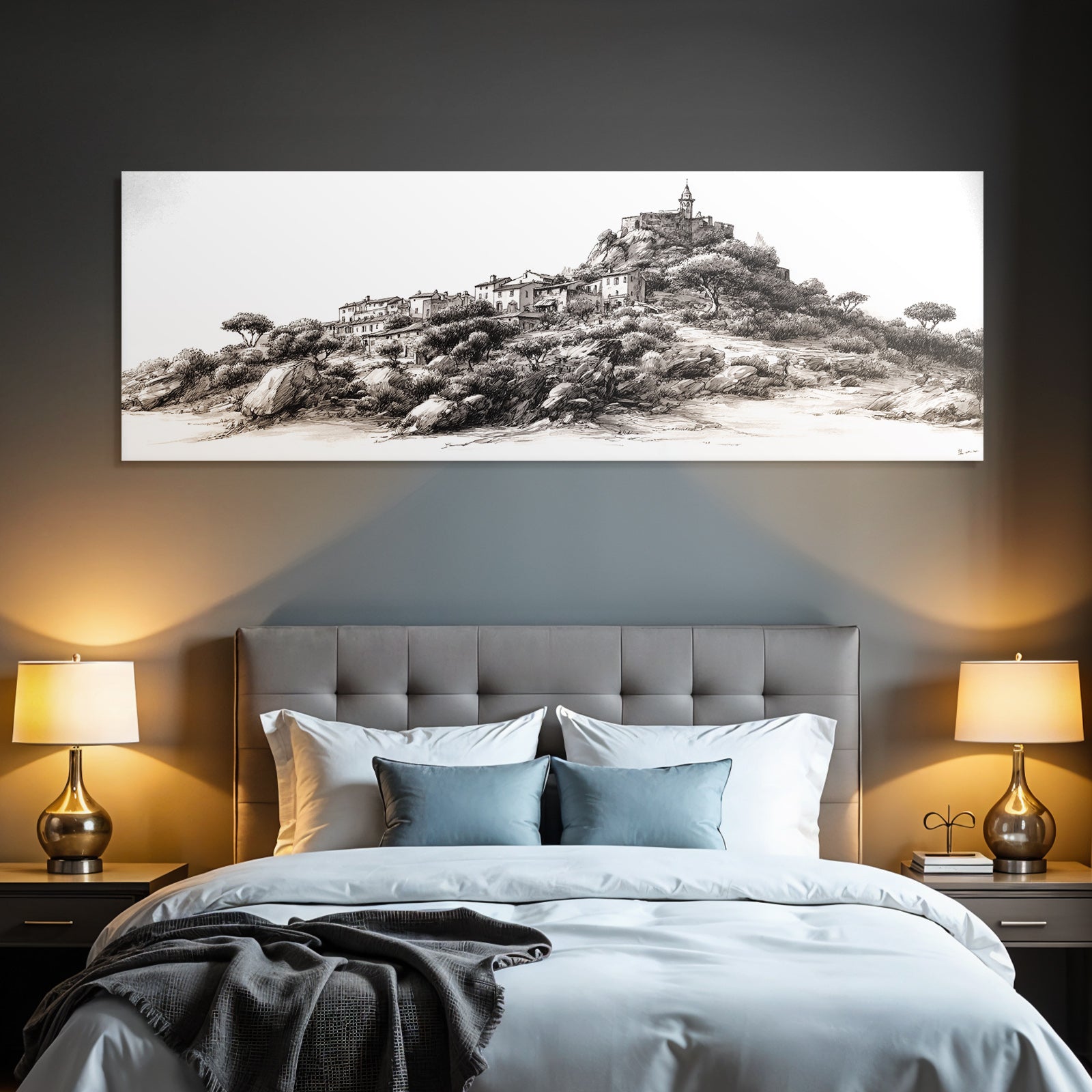 Hügelige Landschaft Mit Dorf Und Burg Skizze Monochrom