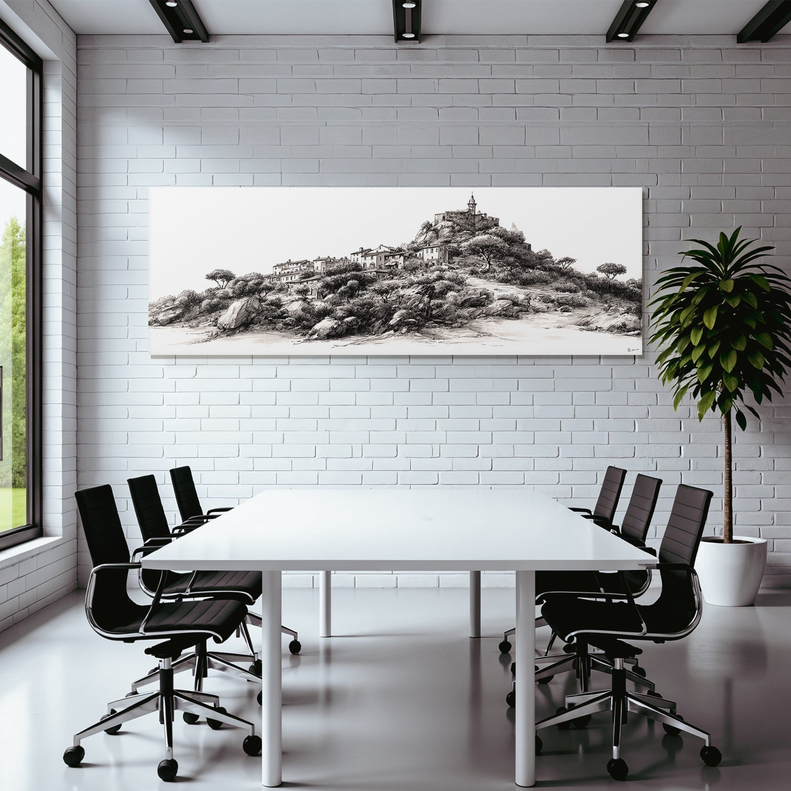 Hügelige Landschaft Mit Dorf Und Burg Skizze Monochrom