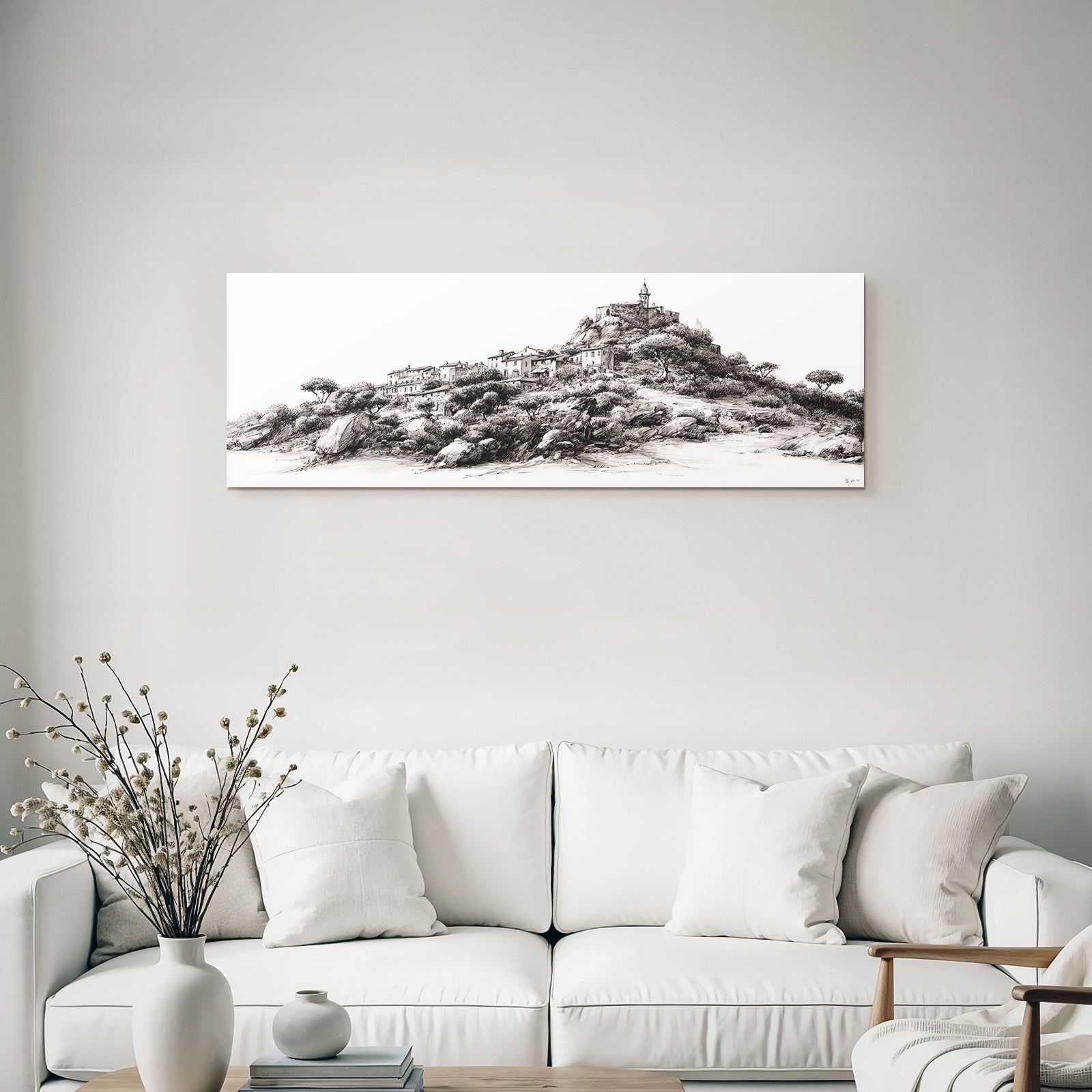 Hügelige Landschaft Mit Dorf Und Burg Skizze Monochrom