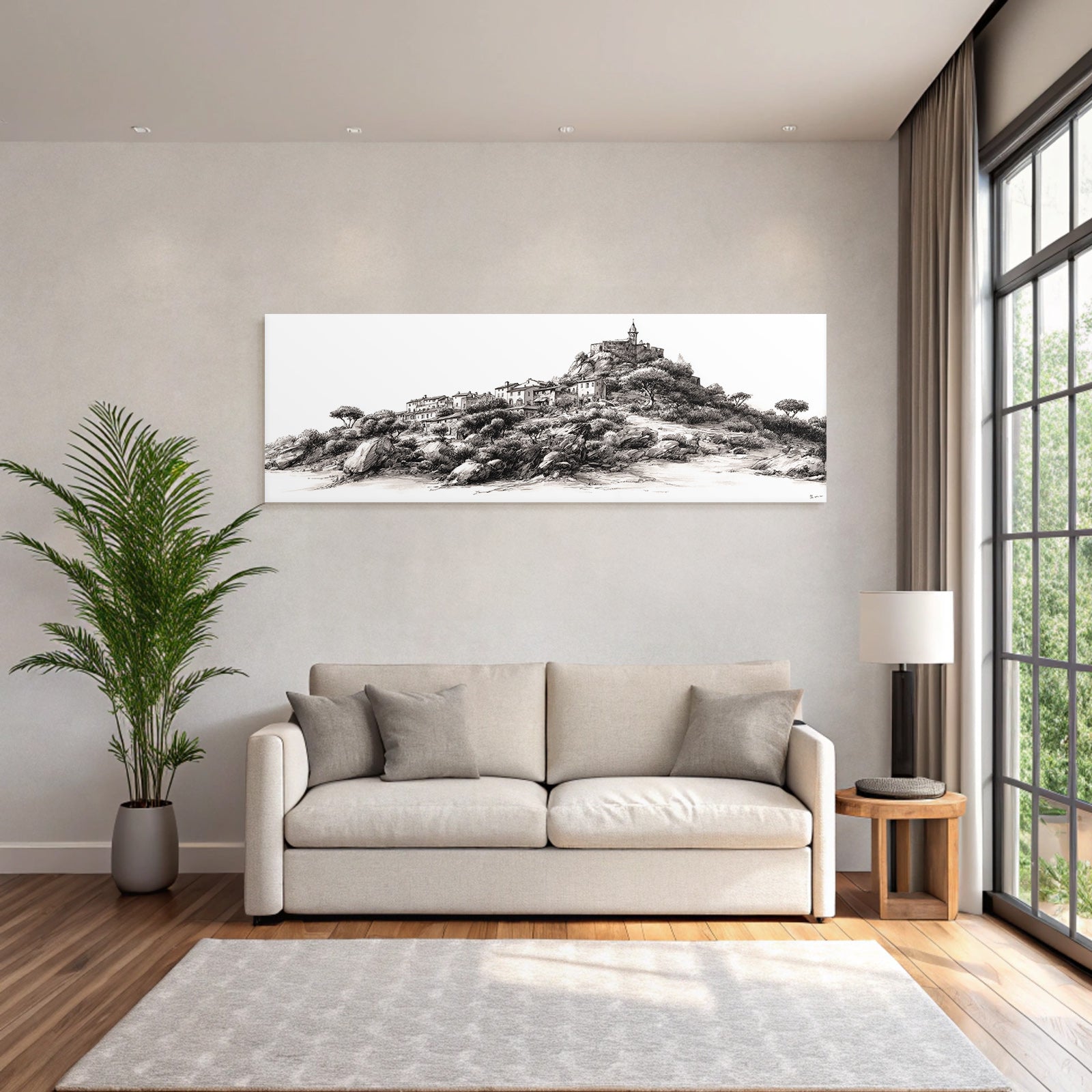 Hügelige Landschaft Mit Dorf Und Burg Skizze Monochrom