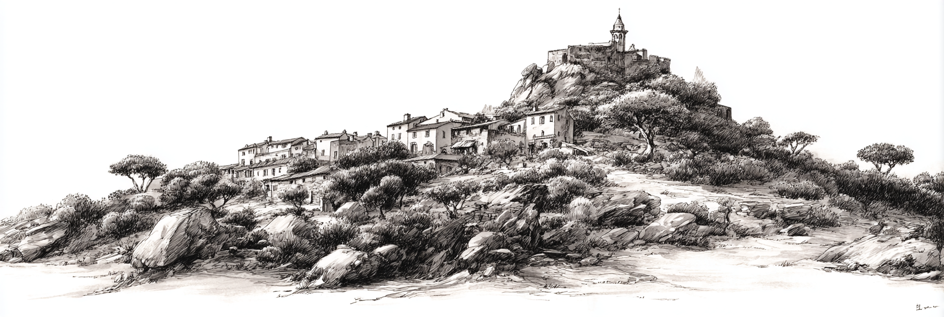 Hügelige Landschaft Mit Dorf Und Burg Skizze Monochrom | Illustration und Zeichnung | Kunstgattungen