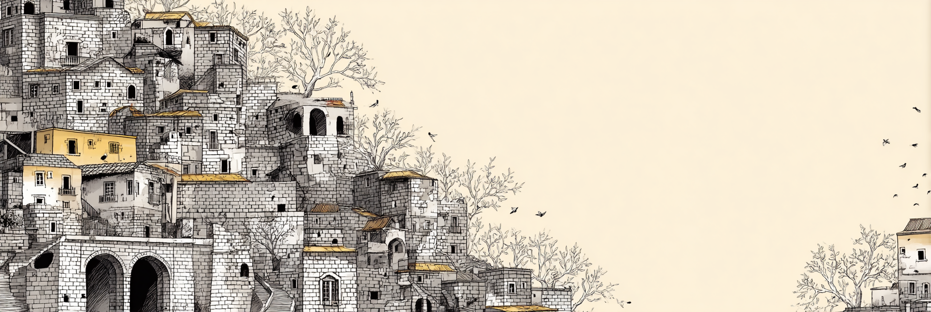 Hügelsiedlung Mit Bäumen Und Vogel Im Wunderland | Illustration und Zeichnung | Kunstgattungen