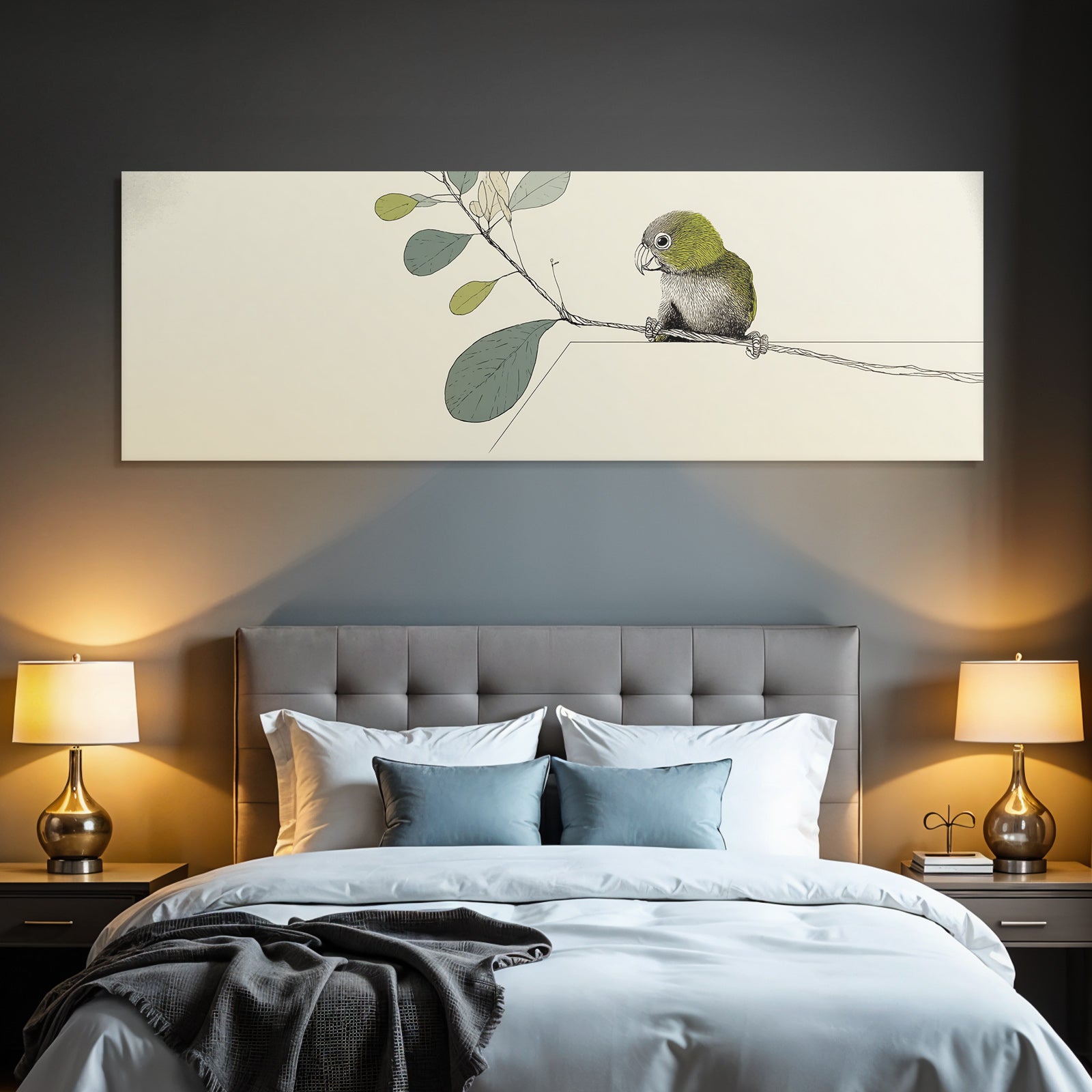 Illustration Vogel Auf Einem Zweig Umgeben Von Blättern Minimalistisch