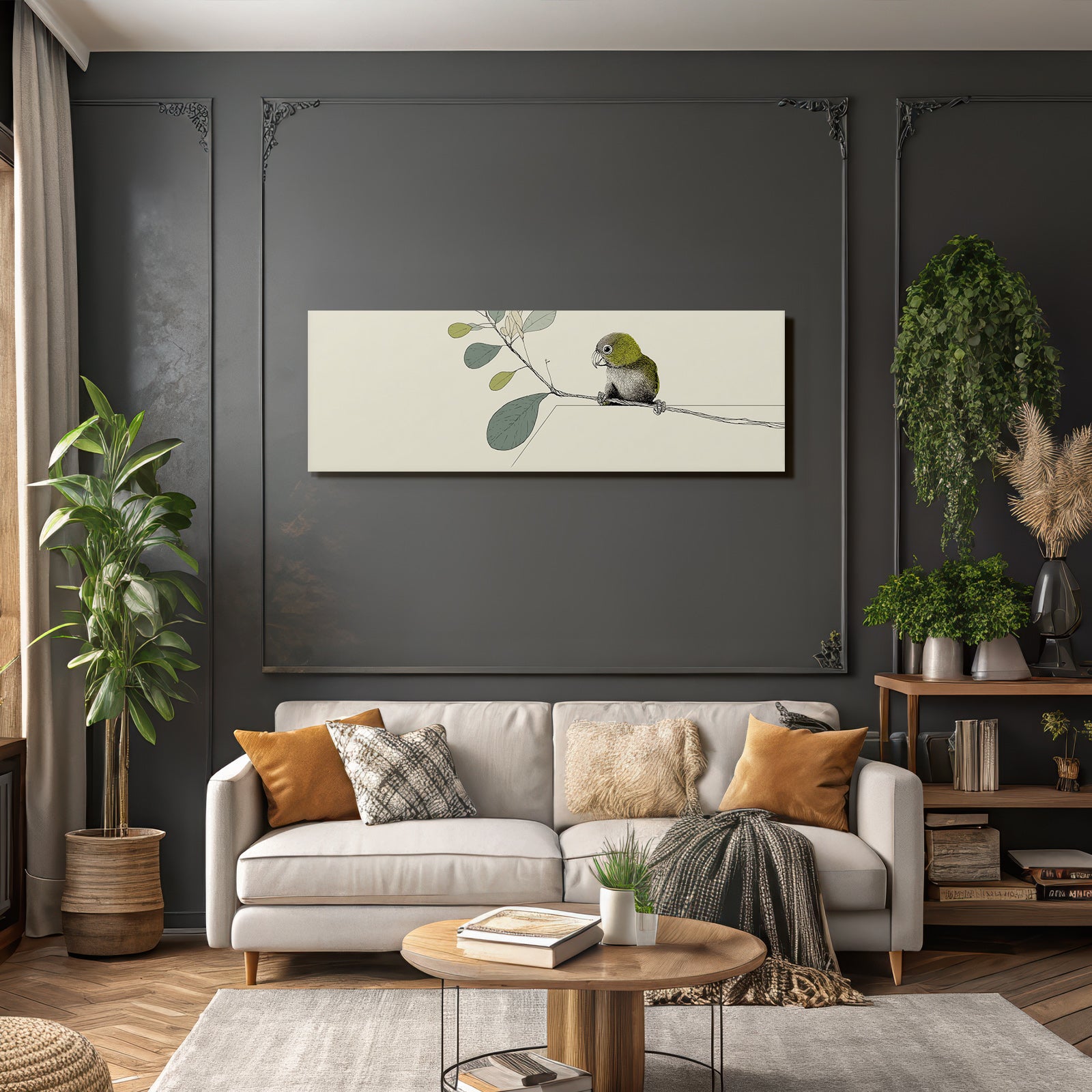 Illustration Vogel Auf Einem Zweig Umgeben Von Blättern Minimalistisch