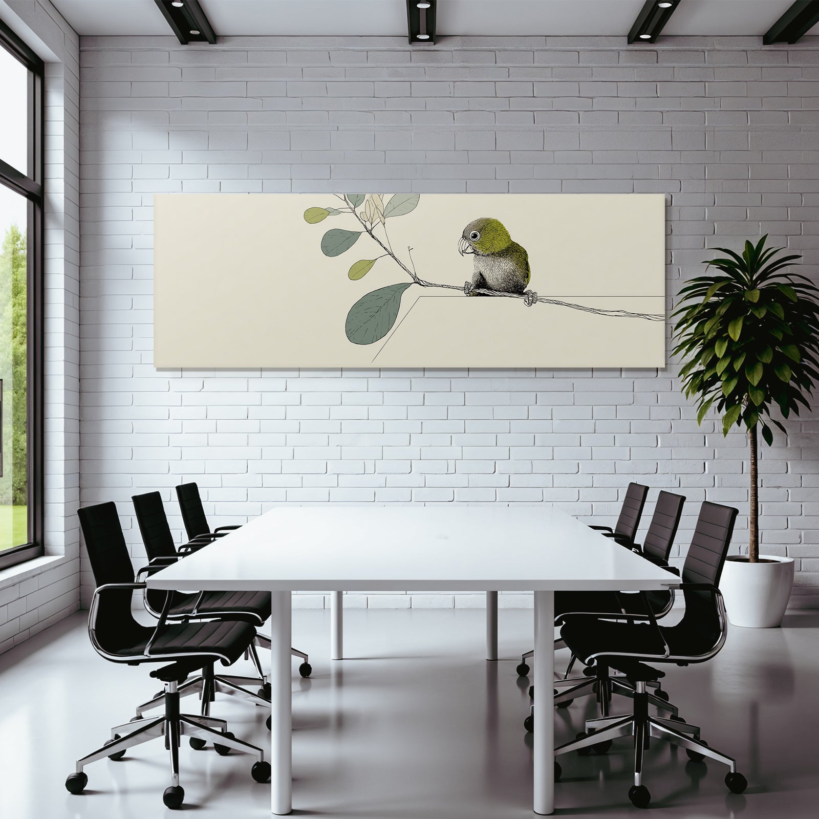 Illustration Vogel Auf Einem Zweig Umgeben Von Blättern Minimalistisch