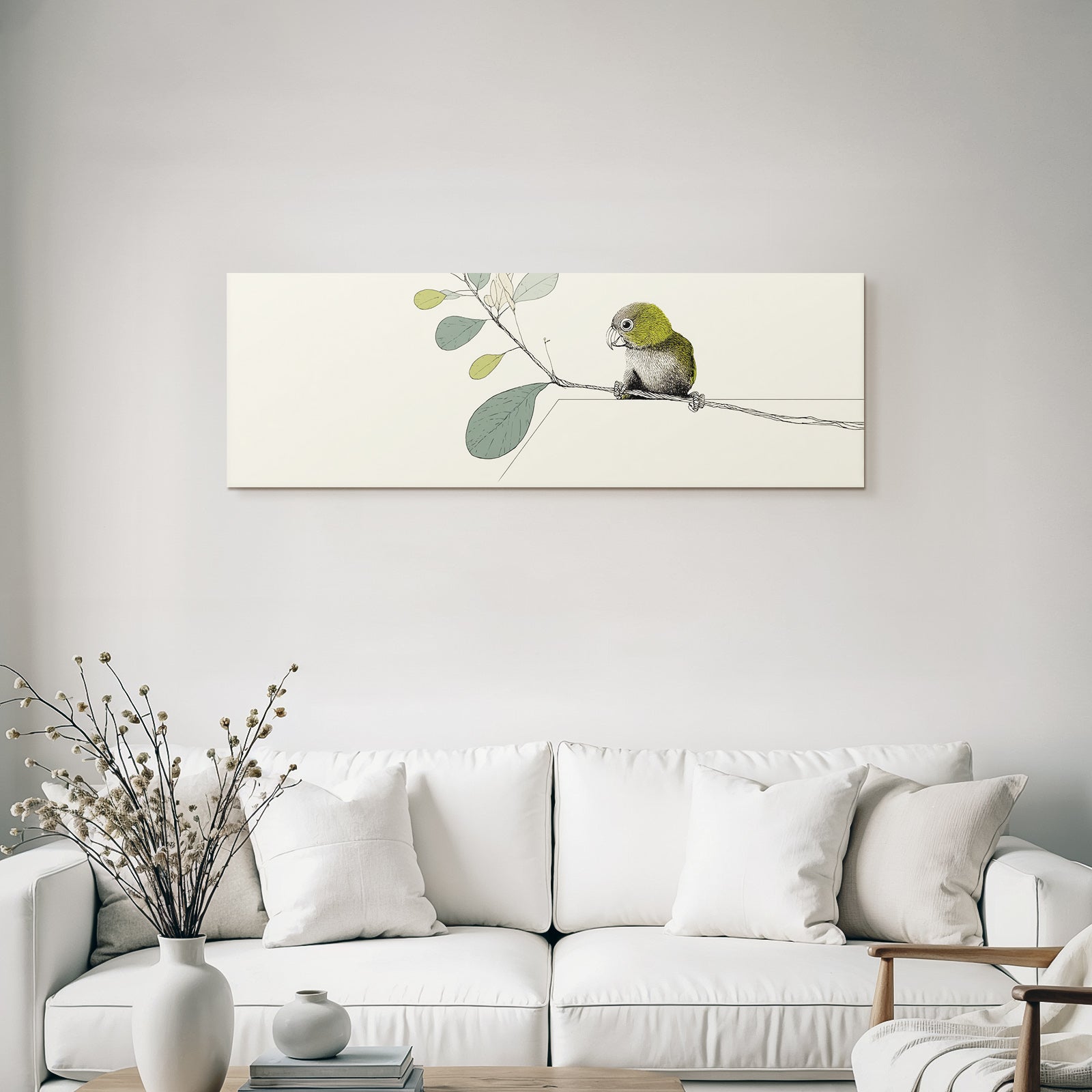 Illustration Vogel Auf Einem Zweig Umgeben Von Blättern Minimalistisch