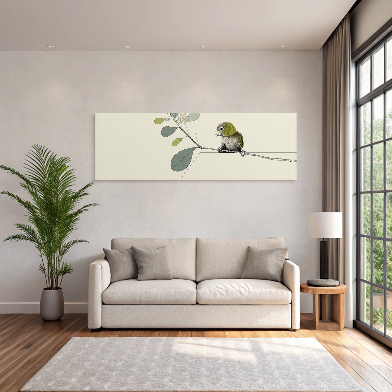 Illustration Vogel Auf Einem Zweig Umgeben Von Blättern Minimalistisch