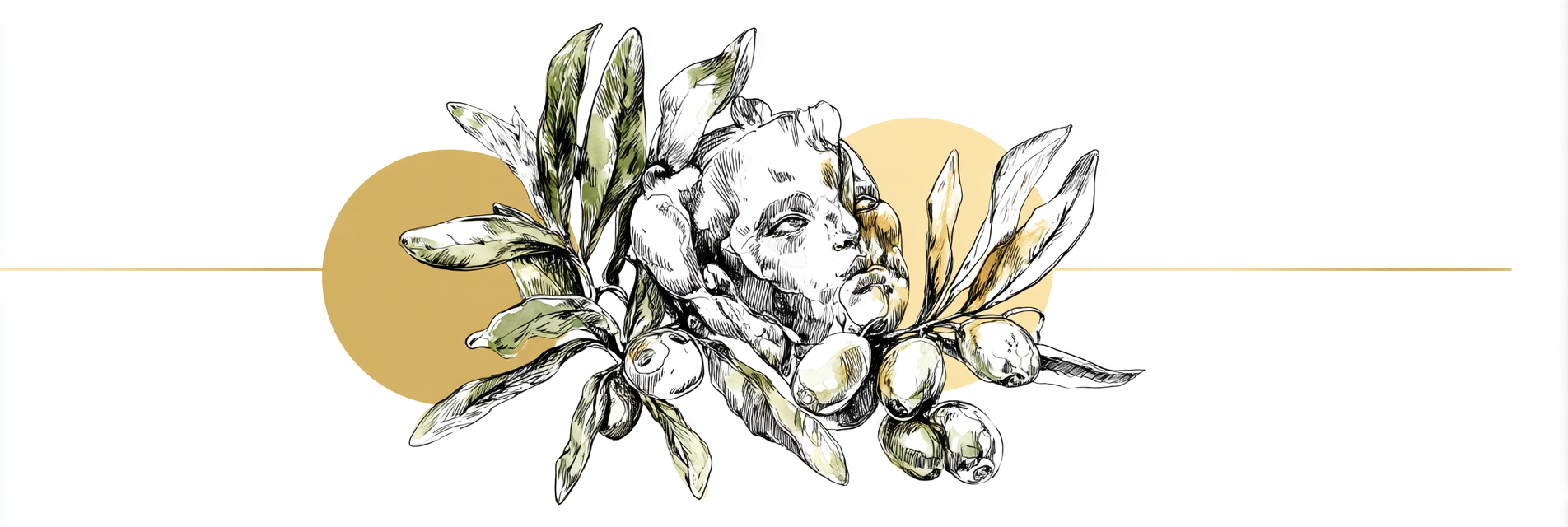Klaßisches Design Gesicht Olivenzweige Fruit Illustration Mit Gold Hintergrund | Illustration und Zeichnung | Kunstgattungen