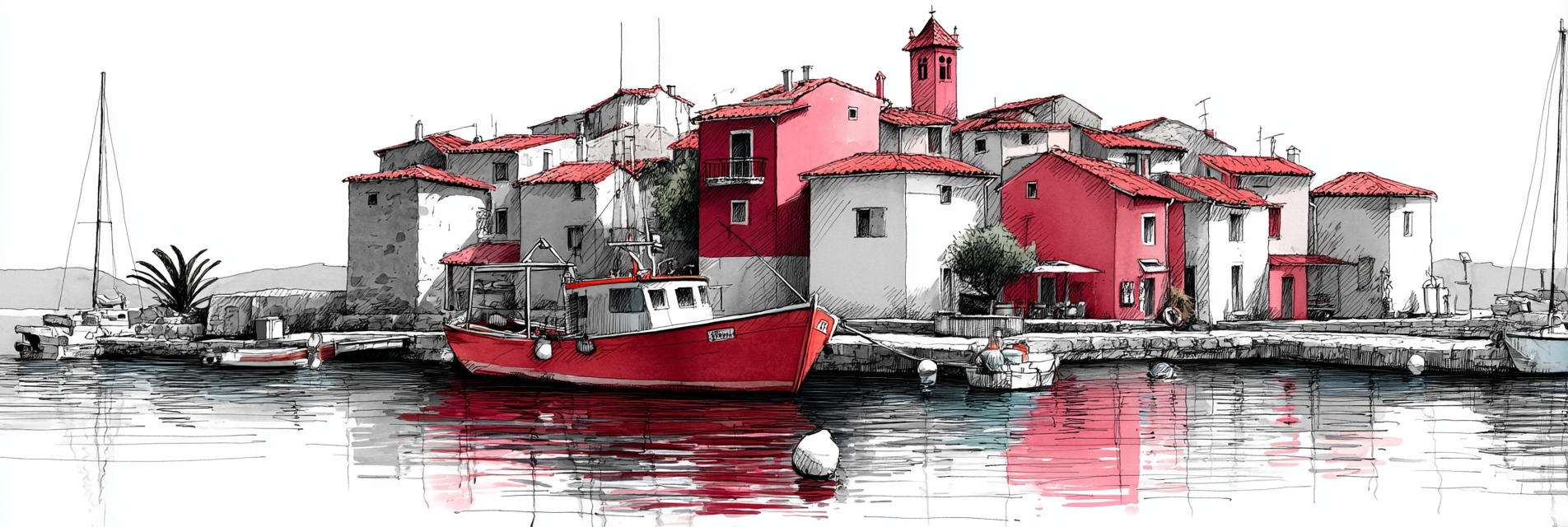 Küsten Dorf Mit Hafen Und Fischerboot | Illustration und Zeichnung | Kunstgattungen